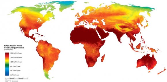 Figure 1 : Average solar radiation calculated on the basis of 24 hours per day, and considering the clouds (NASA Data 2012)