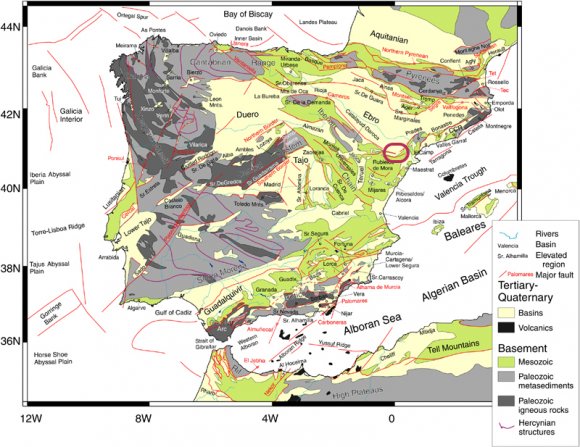 Figure 1 Geological map of the Iberian Peninsula and the western Mediterranean basins, major faults and regions (Andeweg, 2002). The Iberian Range is over 400 km. long and extends from the Iberian Meseta to the Mediterranean Sea with a maximum width of 200 km. The Catalan Coastal Range constitutes a mountain barrier 200 km. in