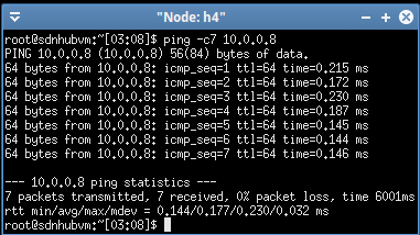 Fig. 3: Ping Test Result for OpenFlow POX Controller Finally, OpenFlow based controller Pyretic have been implemented over Software Defined Networking using Mininet Emulator. Similarly in previous two Ping message has been executed from host h1 to host h5 and host h5 to host h8. The result obtained for Pyretic controller has been shown in Figure 4 with Ping statistics.