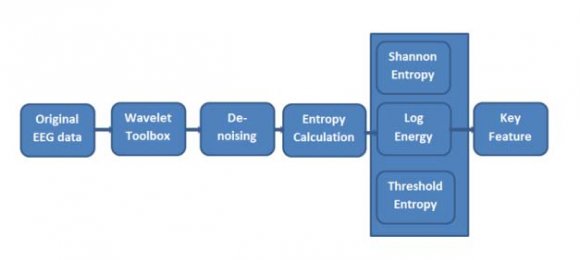 Figure 3.1: Procedure of Extracting Key Feature We have calculated three entropy measurements which are Shannon's Entropy which is the most basic and common one, the log energy entropy which is an excellent feature for analyzing EEG data and threshold entropy with a threshold value of 0.2. These entropy measurements are used as training features for the neural network.Figure 3.1 shows the step by step approach in extracting feature from the EEG data