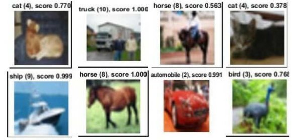 Fig. 6: Objective, Top1error, and Top5error during training Finally, by using the testing data, we can evaluate our model. The following are an example of classification outputs from the simple network on the CIFAR-10 data.