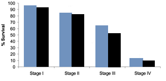 Figure 2 : Five-year survival by the American Joint Committee on Cancer sixth edition system stages I-IV. P value determined by the log-rank test refers to the corresponding stage and the stage in the row above, unless otherwise indicated. All statistical tests were twosided. *= IIIa versus IIb; + = IIa versus IIIa; +* = IIb versus IIIb; NS = not statistically significant b) Survival by Tumor GradeWe next used colon cancer stages as defined by the AJCC fifth edition system and stratified data in each stage further by other factors to assess their prognostic value. Among all patients evaluated in the cohort, 67.8% (n= 81 493) had low-grade tumors, 19.4% (n= 23 287) had high-grade tumors, and 12.8% (n= 15 343) had tumors whose grade was unknown. For those patients whose tumor grade (high versus low) was known (n= 104 780), tumor grade was statistically significantly associated which is shown in figure3.