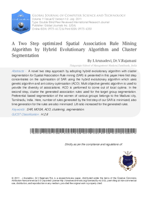 A Two step optimized spatial Association rule Mining Algorithm by hybrid evolutionary algorithm and cluster segmentation.