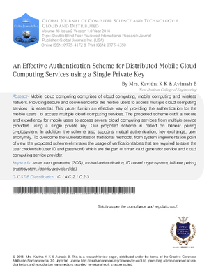 An Effective Authentication Scheme for Distributed Mobile Cloud Computing Services using a Single Private Key
