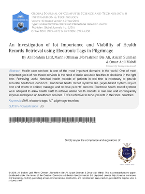 An Investigation of IoT Importance and Viability of Health Records Retrieval using Electronic Tags in Pilgrimage