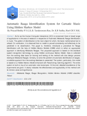 Automatic Raaga Identification System For Carnatic Music Using Hidden Markov Model