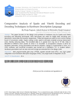 Comparative Analysis of Spatio and Viterbi Encoding and Decoding Techniques in Hardware Description Language