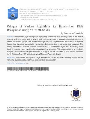 Critique of Various Algorithms for Handwritten Digit Recognition Using Azure ML Studio