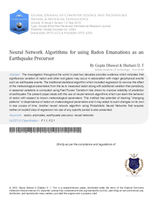 Neural Network Algorithms for using Radon Emanations as an Earthquake Precursor