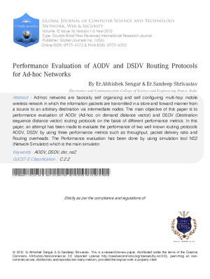 Performance Evaluation of AODV and DSDV Routing Protocols for Ad-hoc Networks