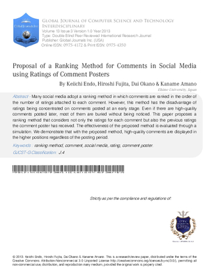 Proposal of a Ranking Method for Comments in Social Media Using Ratings of Comment Posters