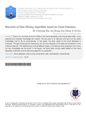 Research of Data Mining Algorithm Based on Cloud Database