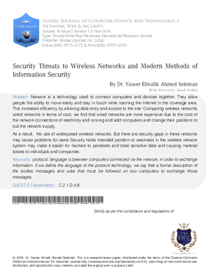 Security Threats to Wireless Networks and Modern Methods of Information Security