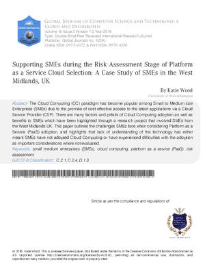 Supporting SMEs during the Risk Assessment Stage of  Platform as a Service Cloud Selection: A Case Study of SMEs in the West Midlands, UK