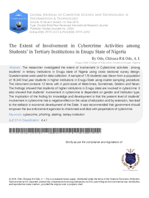 The Extent of Involvement in Cybercrime activities among Studentsa in Tertiary Institutions in Enugu State of Nigeria