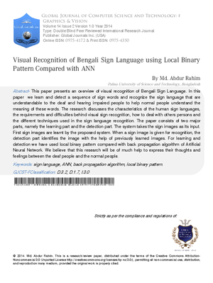 Visual Recognition of Bengali Sign Language using Local Binary Pattern Compared with ANN