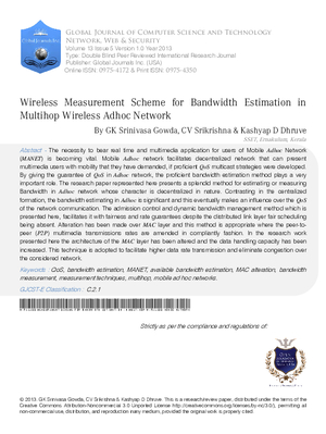 Wireless measurement Scheme for bandwidth Estimation in Multihop Wireless Adhoc network