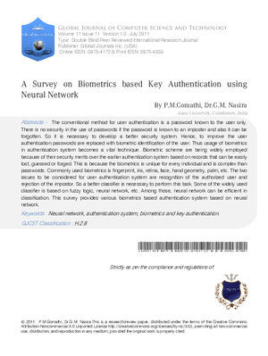 A Survey on Biometrics based Key Authentication using Neural Network