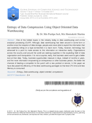 ENTROPY OF DATA COMPRESSION  USING OBJECT ORIENTED DATA WAREHOUSING