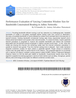 Performance Evaluation of Varying Contention Window Size for Bandwidth Constrained Routing in Adhoc Networks