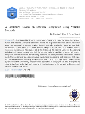 A Literature Review on Emotion Recognition Using Various Methods