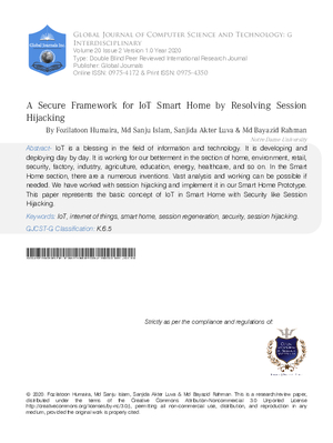 A Secure Framework for IoT Smart Home by Resolving Session Hijacking