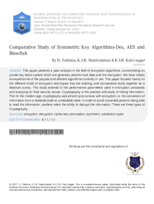 Comparative Study of Symmetric Key Algorithms-Des, AES and Blowfish