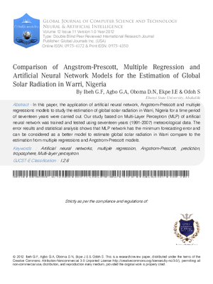 Comparison of Angstrom-Prescott, Multiple Regression and Artificial Neural Network Models for the Estimation of Global Solar Radiation in Warri, Nigeria