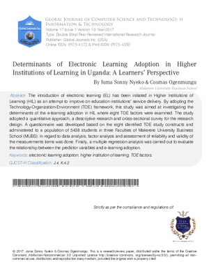 Determinants of Electronic Learning Adoption in Higher Institutions of Learning in Uganda: A Learnersa Perspective
