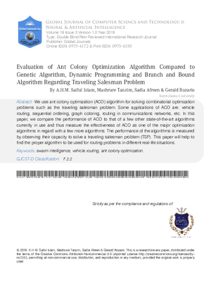 Evaluation of Ant Colony Optimization Algorithm Compared to Genetic Algorithm, Dynamic Programming and Branch and Bound Algorithm Regarding Travelling Salesman Problem