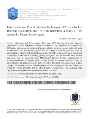 Information and Communication Technology (ICT) as a Tool in Revenue Generation and Tax Administration, A Study of Firs Abakaliki,Ebonyi State-Nigeria
