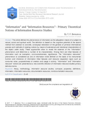 Information and Information Resources  Primary Theoretical Notions of Information Resource Studies