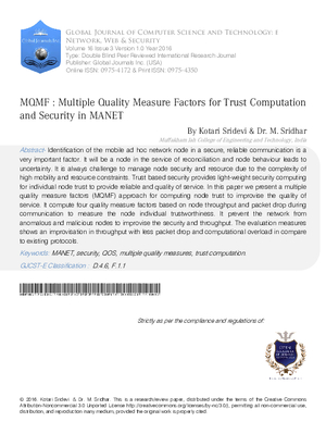 MQMF: Multiple Quality Measure Factors for Trust Computation and Security in MANET