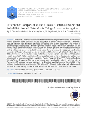 Performance Comparison of Radial Basis Function Networks and Probabilistic Neural Networks for Telugu Character Recognition