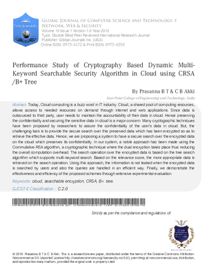 Performance Study of Cryptography based Dynamic Multi-Keyword Searchable Security Algorithm in Cloud Using CRSA /B+ Tree