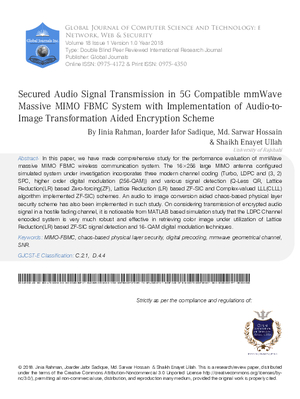 Secured Audio Signal Transmission in 5G Compatible mmWave Massive MIMO FBMC System with Implementation of Audio-to-image Transformation Aided Encryption Scheme