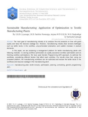Sustainable Manufacturing: Application of Optimization to Textile Manufacturing Plants
