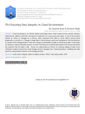 TPA Ensuring Data Integrity in Cloud Environment
