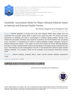 Testability Assessment Model for Object Oriented Software based on Internal and External Quality Factors