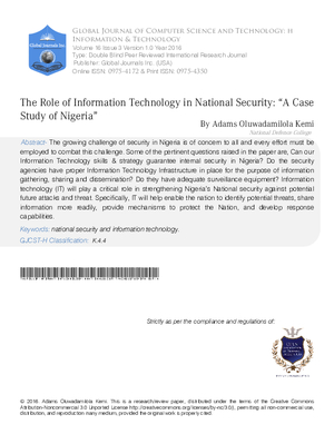The Role of Information Technology in National Security: aoA Case Study of Nigeriaa