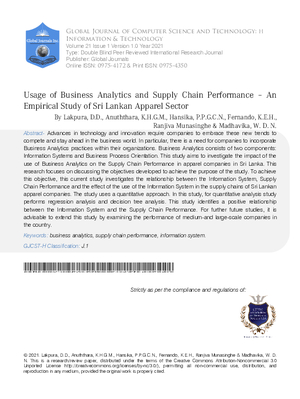 Usage of Business Analytics and Supply Chain Performance An Empirical Study of Sri Lankan  Aapparel Sector