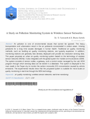 A Study on Pollution Monitoring system in Wireless Sensor Networks