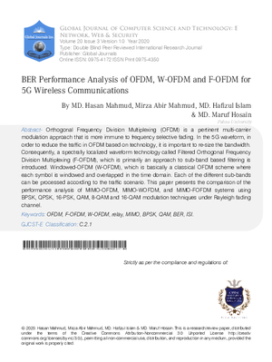 BER Performance Analysis of OFDM, W-OFDM and F-OFDM for 5G Wireless Communications