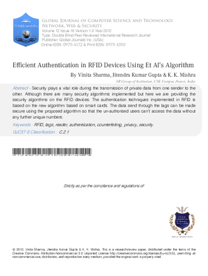 Efficient Authentication in RFID Devices Using Et Alas Algorithm