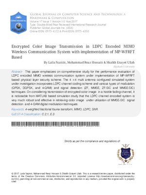 Encrypted Color Image Transmission in LDPC Encoded MIMO Wireless Communication System with implementation of MP-WFRFT based