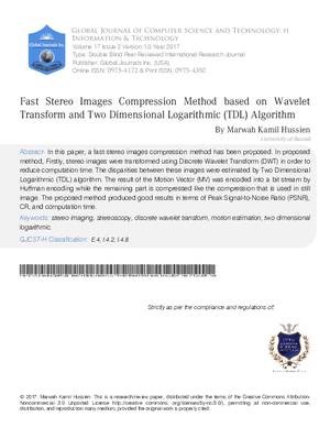 Fast Stereo Images Compression Method based on Wavelet Transform and Two Dimensional Logarithmic (TDL) Algorithm