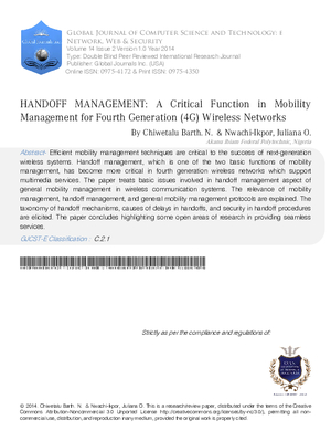 Handoff Management:  A Critical Function in Mobility Management for Fourth Generation (4G) Wireless Networks