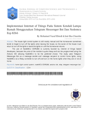 Implementasi Internet of Things Pada Sistem Kendali Lampu Rumah Menggunakan Telegram Messenger Bot Dan Nodemcu Esp 8266