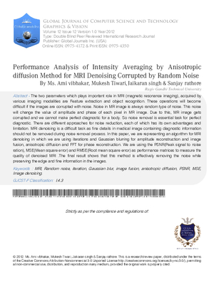 Performance Analysis of Intensity Averaging By Anisotropic Diffusion Method for MRI Denoising Corrupted By Random Noise