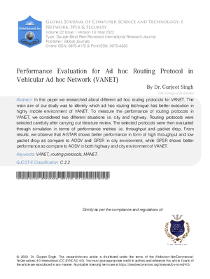 Performance Evaluation for Ad hoc Routing Protocol in Vehicular Ad hoc Network (VANET)